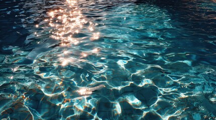 Fototapeta premium Sunlight shines on the surface of a swimming pool creating bright reflections and patterns. The water is clear showing movement from soft ripples enhancing the summer vibe.