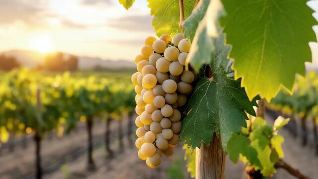 Ripe white grape cluster vineyard sunset warm light peaceful harvest golden grape cluster hangs