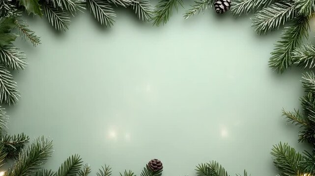 Frosted pine branch with pinecone and warm light on mint background, evergreen festive calm ambiance