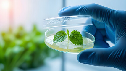 Scientist holding petri dish with green plant in sustainable pharmaceutical lab