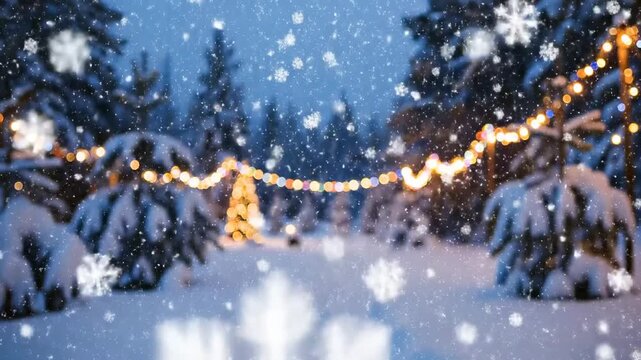 Winter Forest Christmas Scene Snowfall with Glowing Lights and Falling Snowflakes Holiday Season, Beautiful Night Sky, No commas