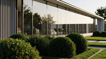 Sleek modern home with glass, clean lines, and lush greenery