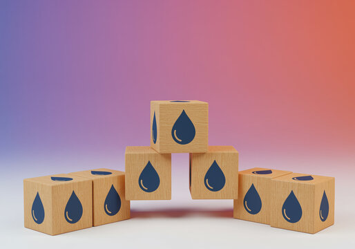 Hydration Monitoring System. Wooden cubes with water drop icons model the innovation process for tracking fluid intake and ensuring optimal physical performance strategy