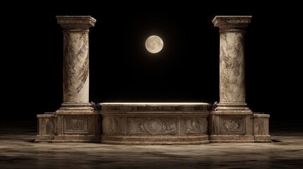 Naklejka premium A stone structure with tall columns sits in an empty space at night. A full moon is visible above the scene offering bright light. The ground looks smooth and solid.