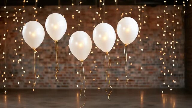 White balloon string light exposed brick celebration party decoration festive white balloons with