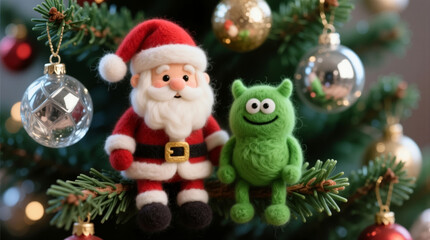 Obraz premium Santa Claus and a green monster friend celebrate Christmas together