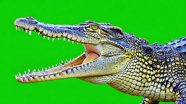 Close up of a crocodile with its mouth open against a vibrant green background showing its teeth crocodile green screen video