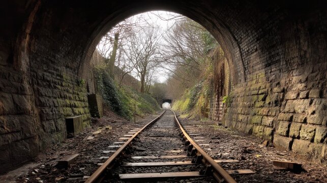 Tracks run through a dark railway tunnel. Trees and bushes frame the entrance. Light shines at the far end signaling the open air. It is a cloudy afternoon with muted colors. - Powered by Adobe