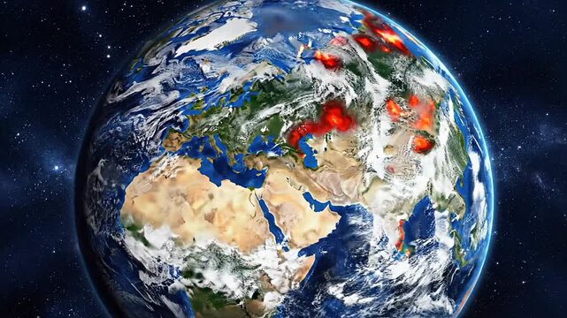 Earth's transformation from a world of peace to a devastated planet, a visual representation of the effects of global conflict. Global crisis