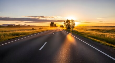 Golden evening light fills the expansive open road, creating a breathtaking view as the sun descends over serene rural fields, emphasizing a peaceful journey ahead