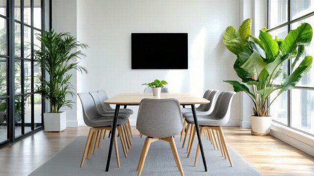 Modern dining room with wooden table gray chairs and abundant indoor plant lush green atmosphere