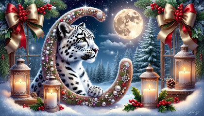 Fototapeta premium Snow leopard resting beside Christmas decorations and lanterns 