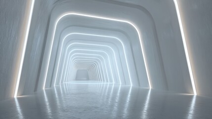 Fototapeta premium A long tunnel features curved walls with bright lights outlining the edges. The floor is shiny and smooth. The space looks empty creating a sense of openness and depth.