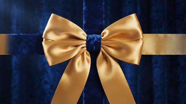 Gold satin ribbon bows arranged on a midnight blue backdrop for elegant decoration, gift wrap or festive occasion, no comma at the end