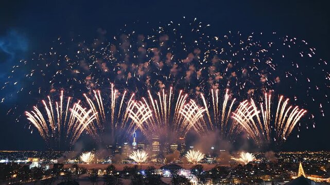 Stunning Fireworks Display Show Over Cityscape at Night with Colorful Explosions and Celebration Imagery No Comma