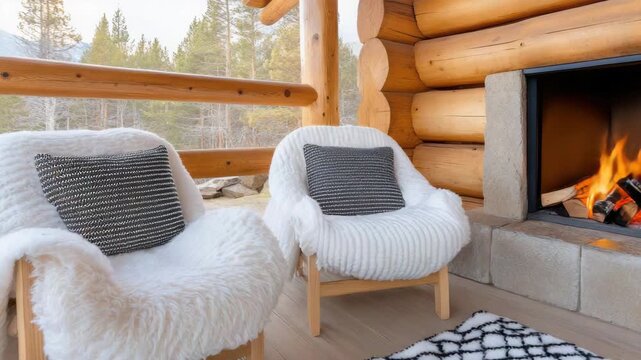 Cozy cabin porch with fur covered chair, textured cushion and roaring fireplace, forest view