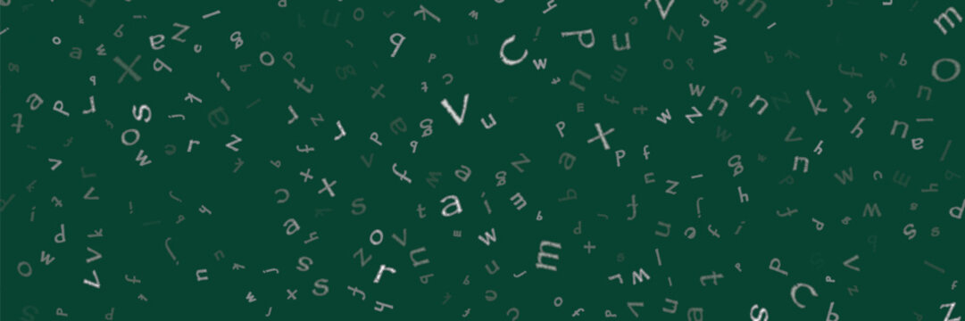 Falling letters of English language. Chalk handdrawn flying words of Latin alphabet. Foreign languages study concept. Alive back to school banner on blackboard background.