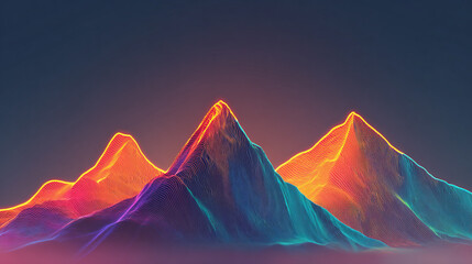 A vibrant, stylized mountain range outlined in glowing neon lines of blue, pink, and purple against a dark background.