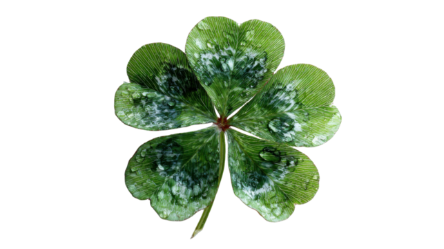 Four leaf clover luck symbol with water drops, a fresh green shamrock plant isolated against transparent background - Powered by Adobe