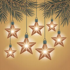 Glowing Hanging Star Lights with Pine Branch Decorations on Warm Golden Background for Festive Holiday Ambience
