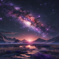 Stunning Night Sky with Vibrant Milky Way Galaxy Above Serene Mountain Landscape at Twilight
