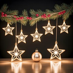 Glowing Hanging Star Lights with Pine Branch Decorations on Warm Golden Background for Festive Holiday Ambience
