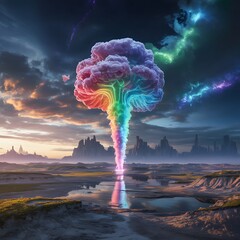 Vibrant Fantasy Volcano Eruption with Multicolored Smoke Clouds Rising Over Mystical Landscape at Sunset
