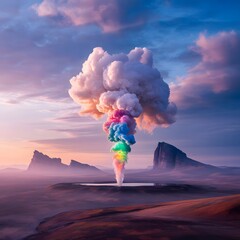 Vibrant Fantasy Volcano Eruption with Multicolored Smoke Clouds Rising Over Mystical Landscape at Sunset
