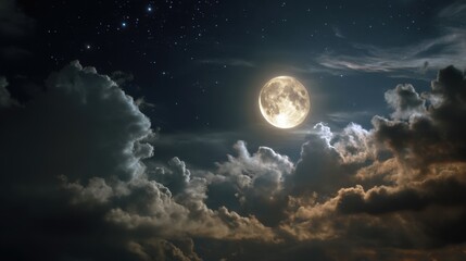 Fototapeta premium A large moon is visible in the night sky among clouds and stars. The scene captures a moment of nature's beauty during nighttime. The moon lights up the surroundings softly.