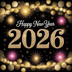 Festive Happy New Year 2026 Design with Colorful Fireworks and Golden Celebration Elements on Black Background
