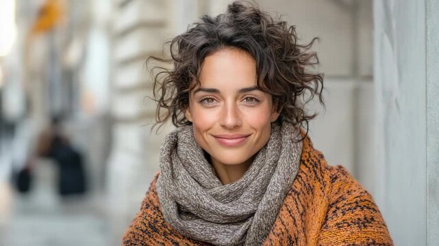 Woman curly hair smile scarf sweater autumn warmly smiling on city street wrapped in cozy knit shawl
