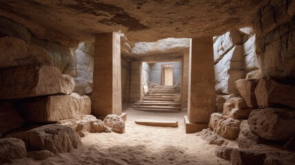 Visitors walk through a cave with large stone walls. Stairs lead to a doorway at the far end. Sunlight comes in from the entrance creating shadows.