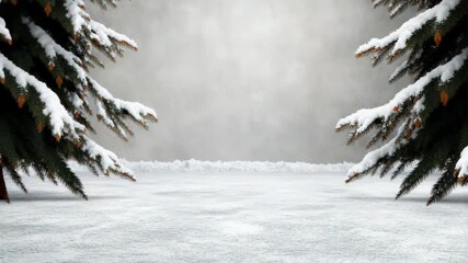 Snowy evergreen pine branches framing peaceful winter clearing with gentle falling snow and calm - Powered by Adobe