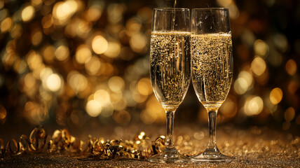 Two elegant champagne flutes filled with bubbly champagne.