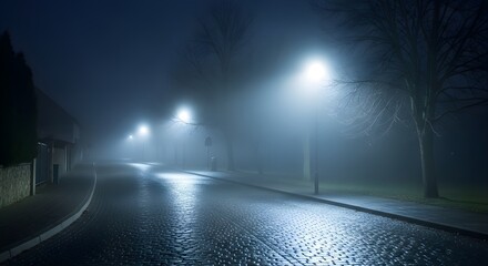 Misty night on a quiet village street with glowing streetlights reflecting on wet pavement