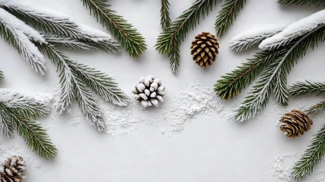 Snowy fir branches pinecone and frosted pine branch evergreen border framing cozy winter wood
