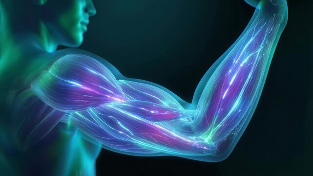Animated human anatomy of an arm flexing, showing muscle contraction and nervous system energy
