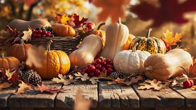 Festive Thanksgiving Autumn Harvest with Pumpkins, Gourds, and Fall Foliage Displaying Holiday Cheer and Celebration