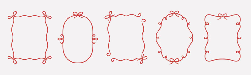 Whimsical wedding frame doodle set. Coquette boarders with bows and ribbons in sketch style. Hand drawn Vintage vector illustration for Valentine’s Day, wedding invitations.