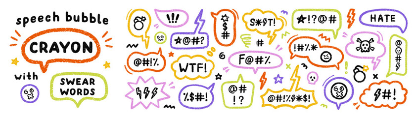 Comic crayon speech bubble with swear word and hate doodle. Hand drawn chalk grumpy text balloon with curse or insult in sketch style. Pencil rude profanity censorship in scribble talk cloud
