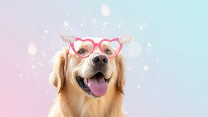 Joyful golden retriever dog with sparkly winged glasses