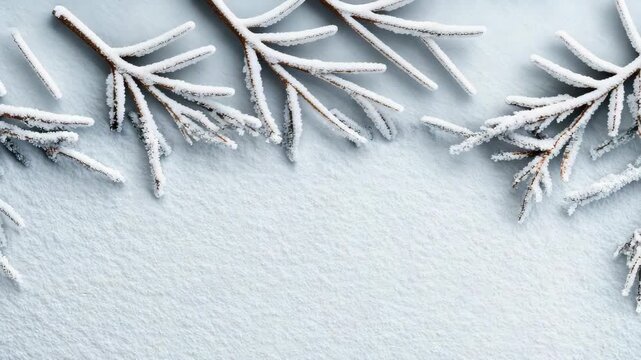 Frosted pine branch border with snowy evergreen fir branches framing calm winter scene
