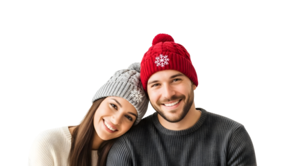 Winter Couple Portrait Wearing Knit Beanies with Snowflakes Holiday Season