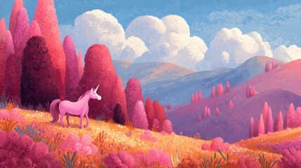 Obraz premium A pink unicorn stands in a colorful landscape filled with pink trees and green hills. Fluffy clouds float in the blue sky while flowers cover the ground in vibrant shades.
