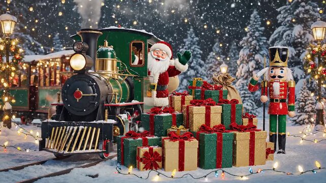 Festive Christmas Train with Santa Claus, decorated gifts, and a charming nutcracker in a whimsical winter wonderland scene