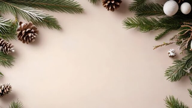 Evergreen branches pinecone border framing neutral background cozy holiday winter festive scene