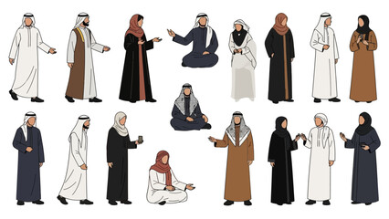 Diverse group of Arabic men and women standing and sitting in traditional Gulf attire for cultural representation