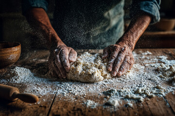 Baker Kneading Dough on Wooden Table Covered in Flour.