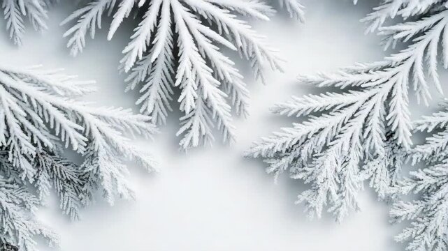 Snowy evergreen pine branch frost winter scene with delicate frosty texture and serene blank space