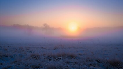 Frosty winter sunrise over a misty field with soft pastel colors, glowing sun, icy grass and atmospheric haze creating a calm, dreamy landscape.